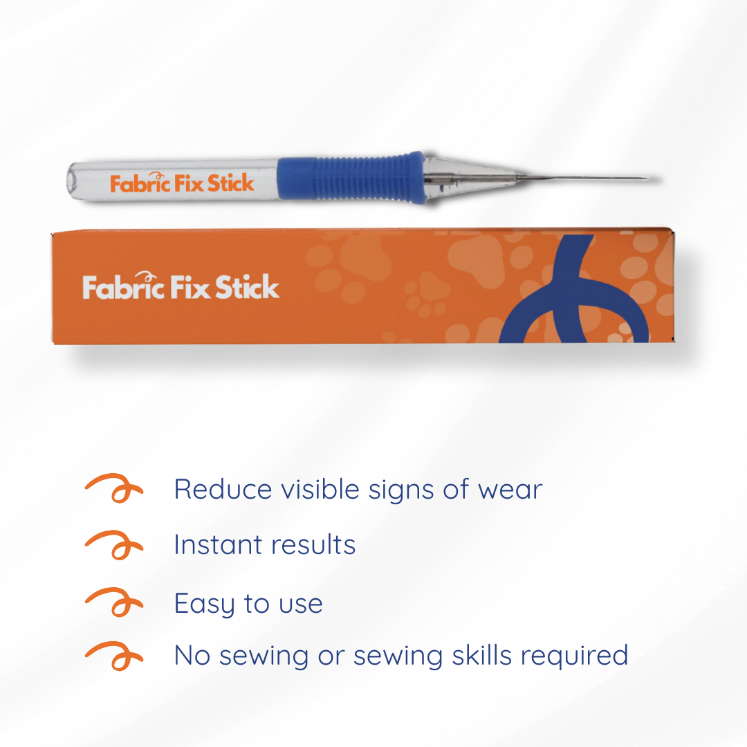 Fabric Fix Stick with packaging and features listed on a white background