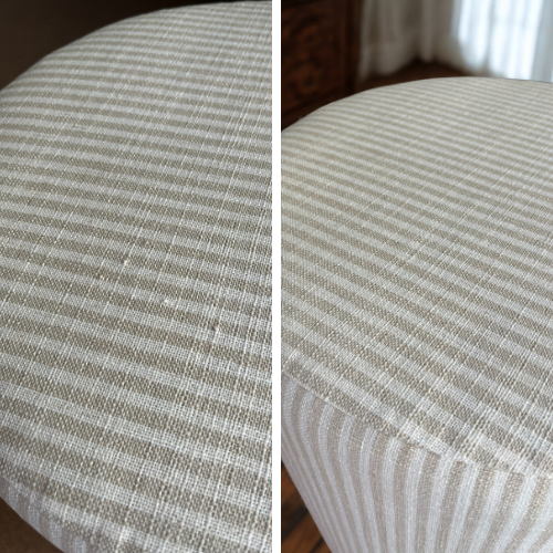 Before and after photo comparison after using a Fabric Fix Stick to fix pulls in a striped fabric upholstered ottoman.
