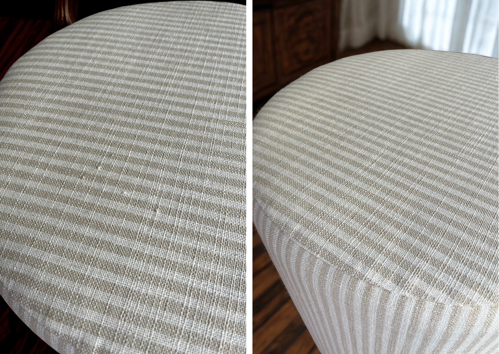 Before and after photo comparison after using a Fabric Fix Stick to fix pulls in a striped fabric upholstered ottoman.