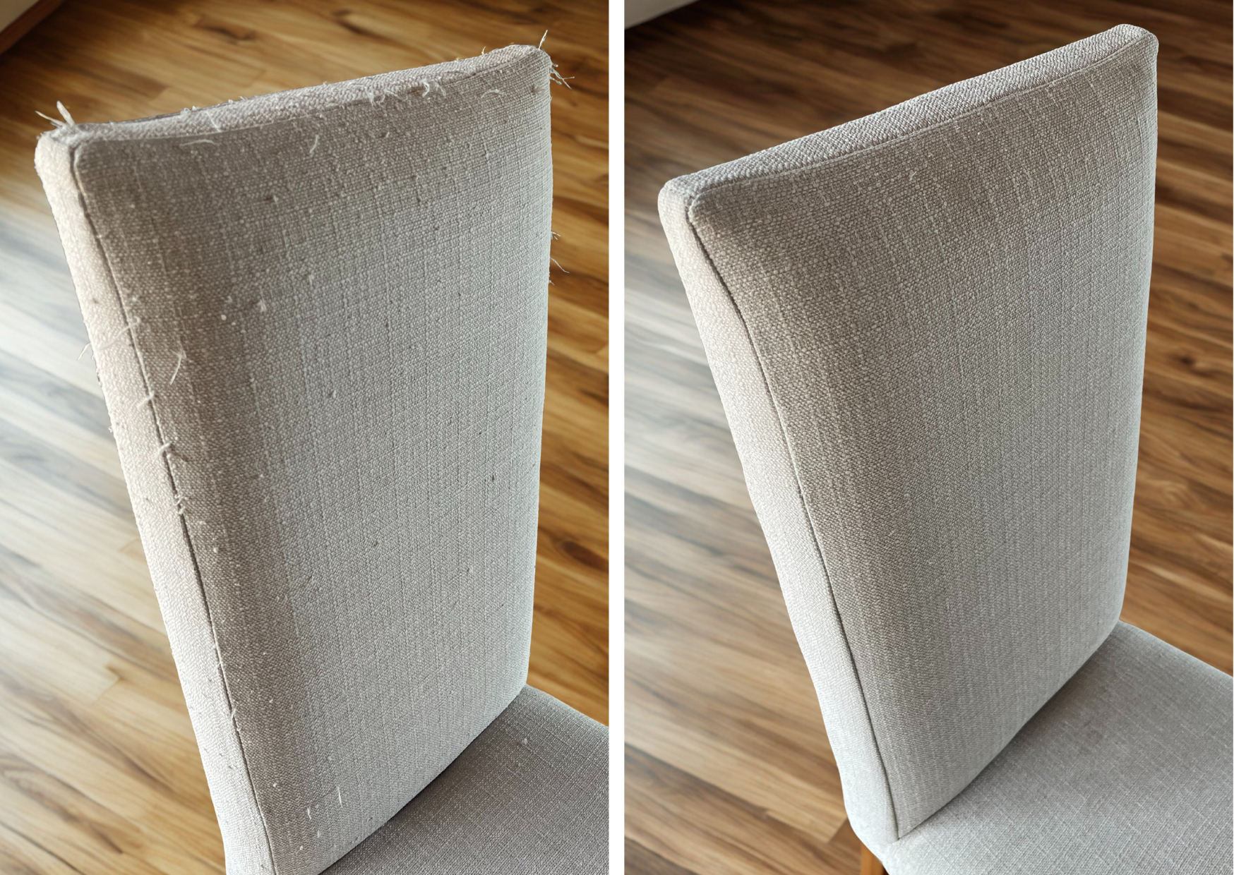 Before and after photo comparison after using a Fabric Fix Stick to fix pulls in grey fabric upholstered chairs.