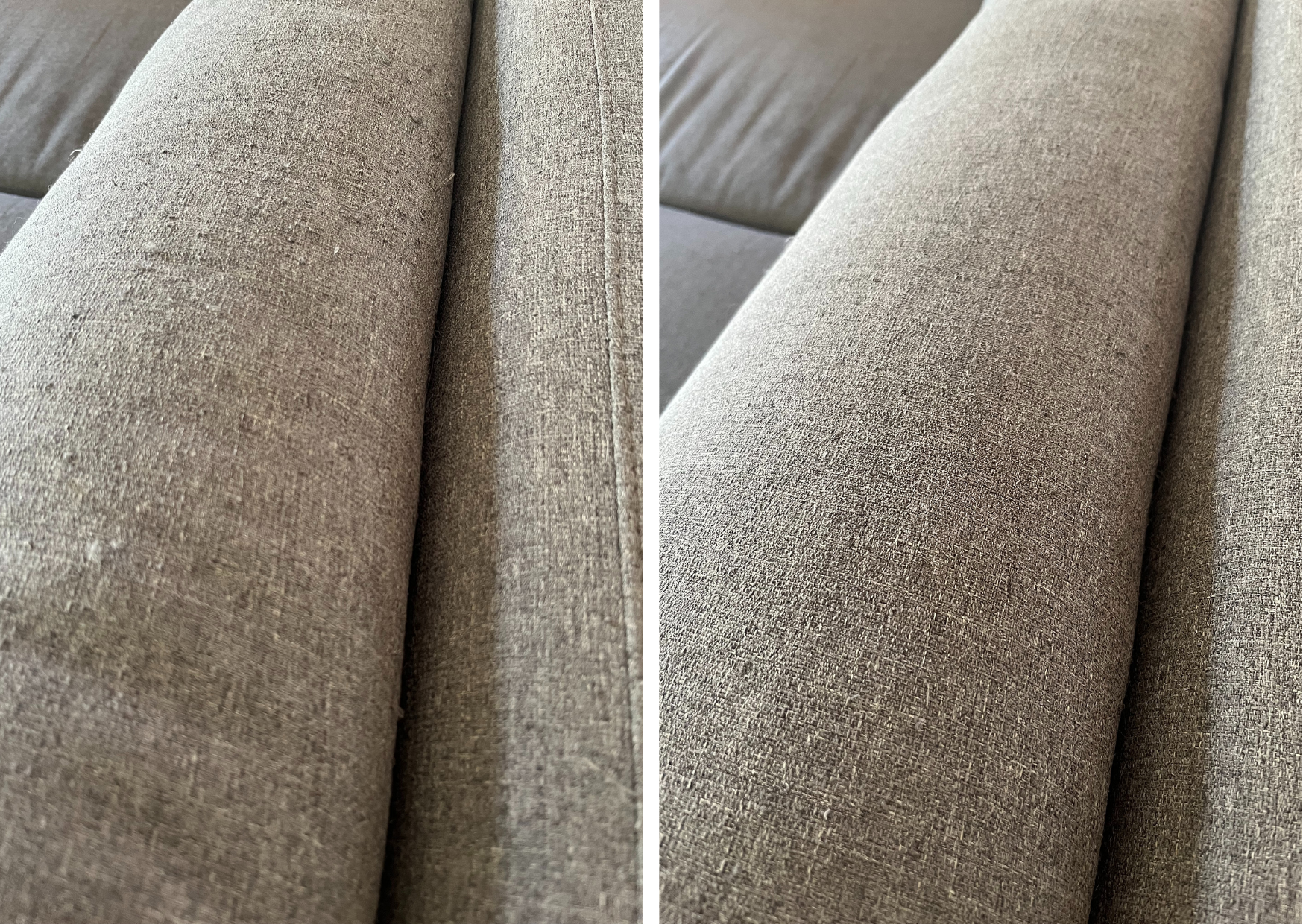 Before and after photo comparison after using a Fabric Fix Stick to fix pulls in grey fabric upholstered lounge.