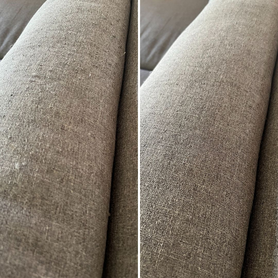 Before and after photo comparison after using a Fabric Fix Stick to fix pulls in grey fabric upholstered lounge.