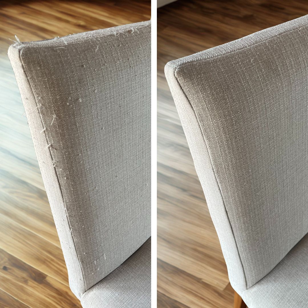 Before and after photo comparison after using a Fabric Fix Stick to fix pulls in grey fabric upholstered chairs.