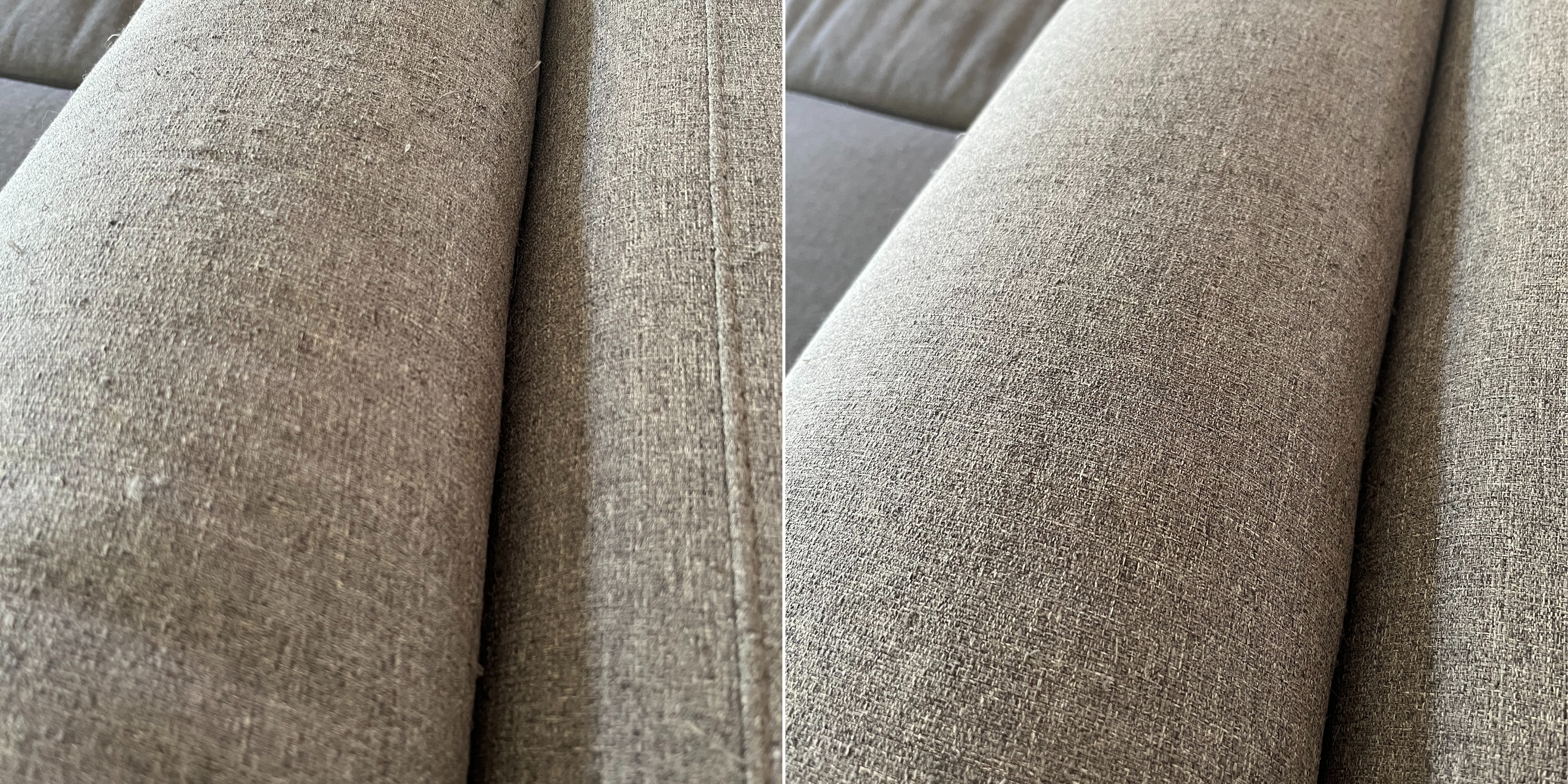 Before and after photo comparison after using a Fabric Fix Stick to fix pulls in grey fabric upholstered lounge.