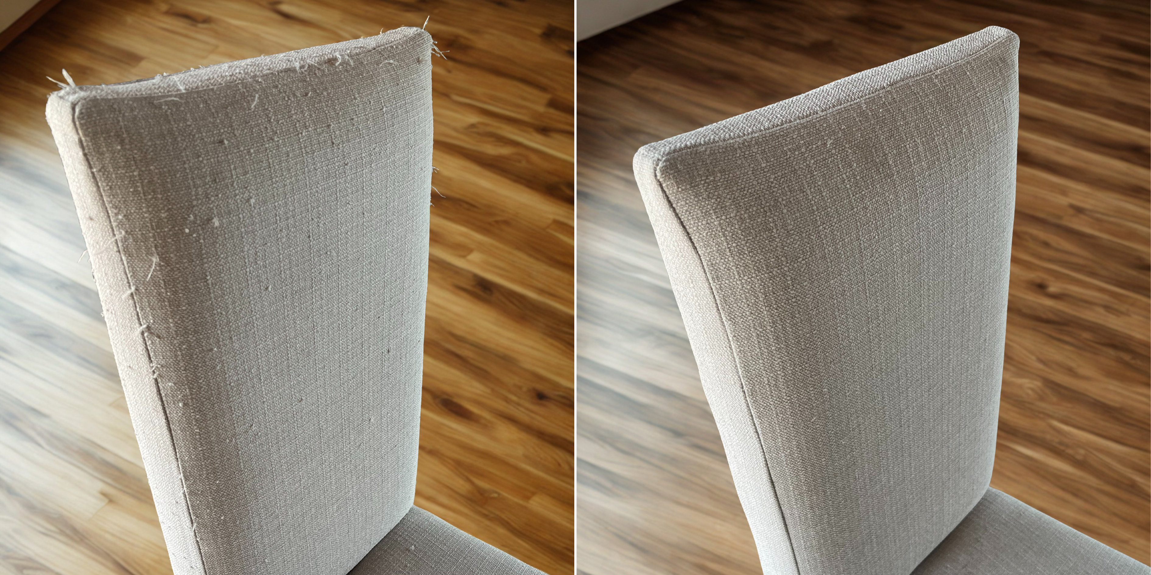 Before and after photo comparison after using a Fabric Fix Stick to fix pulls in grey fabric upholstered chairs.